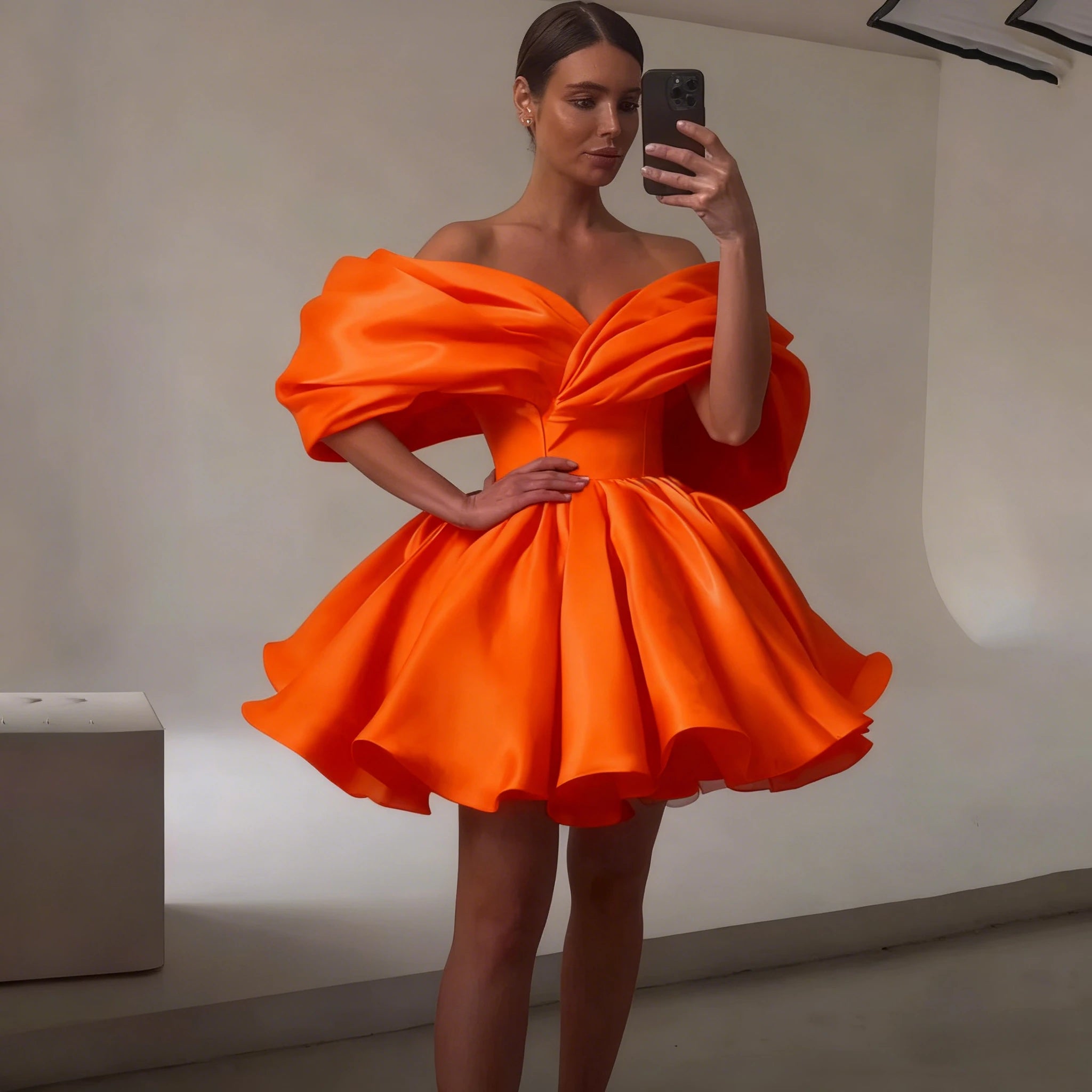 Black Mini Evening Dress Pleat Off the Shoulder Short-Sleeve Women Party A-Line Puff Short Custom Made V-Neck Gowns for Ladies