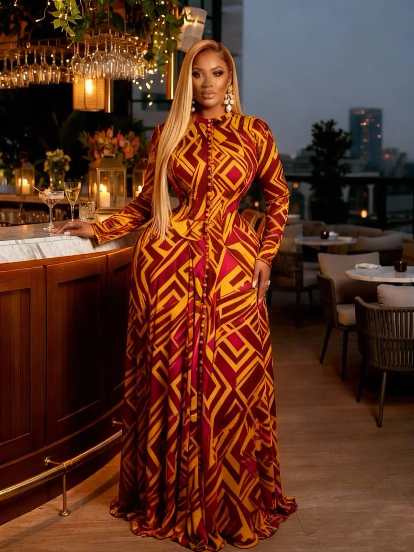 CM.YAYA Women O-neck Long Sleeve Big Swing Tie Dye Print Long Dress 2026 Sexy Parties Evening Vacation Maxi Dresses Vestidos