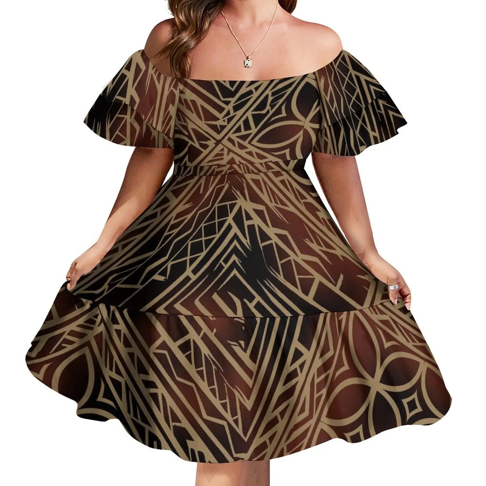 Tattoo Designs Customized On Demand Feature Ruffle Sleeve Dress Polynesian Traditional Tribe Short Dress For Evening 1 MOQ