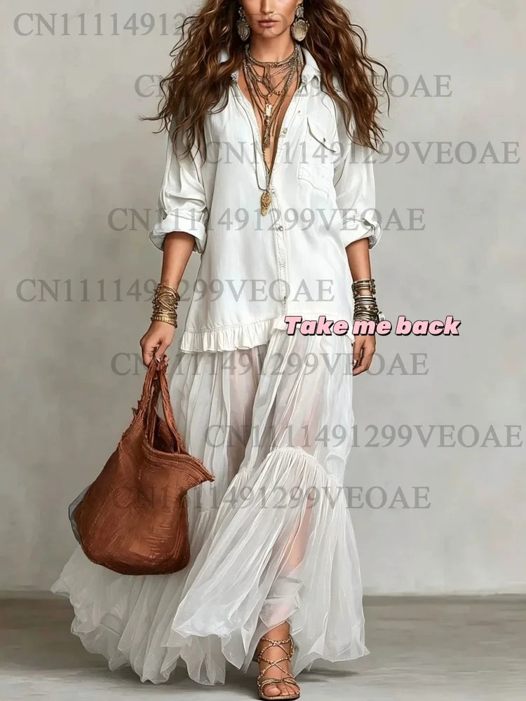 Women's Denim Maxi Dress Mesh Splice Long Sleeve Turn Down Collar Single-breasted Belted Organza Hem Casual Elegant Shirt Dress