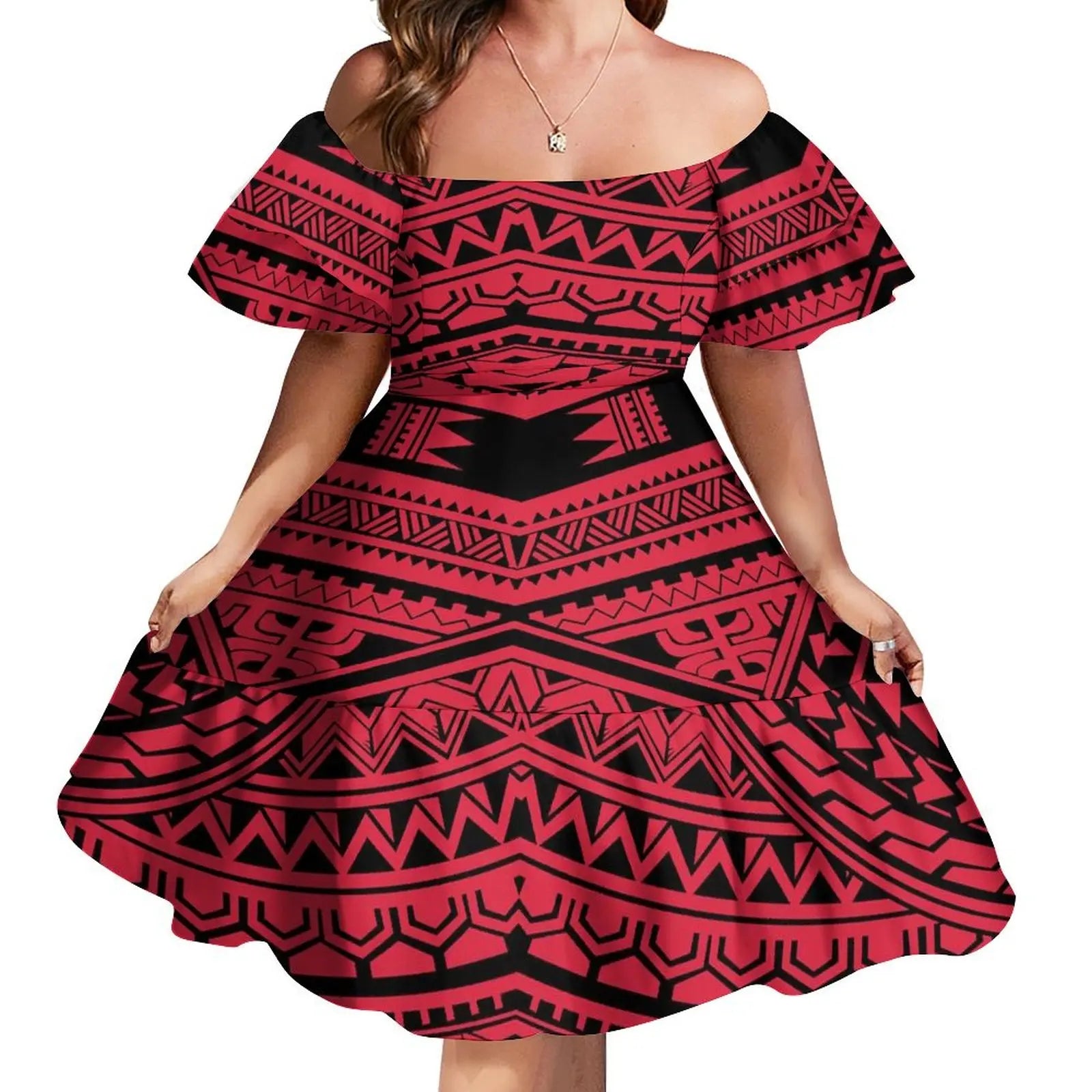 Tattoo Designs Customized On Demand Feature Ruffle Sleeve Dress Polynesian Traditional Tribe Short Dress For Evening 1 MOQ