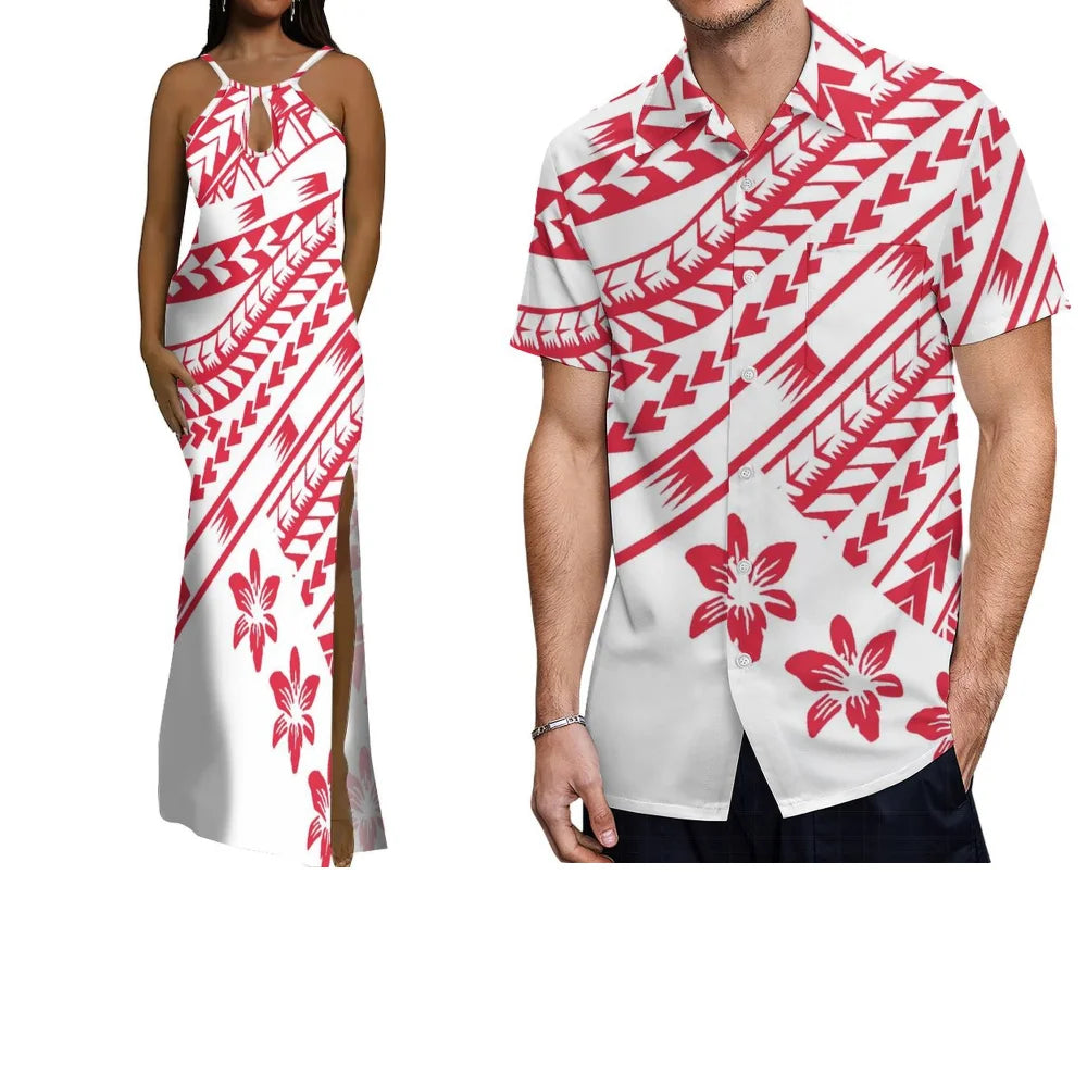 Polynesian Custom-Made Couple Set  Hawaiian-Style Printed Design  Vacation-Style Women'S Halter Dress  Men'S Pocket Shirt Top