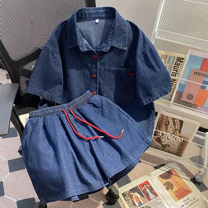 Denim Pant Set Women Two Piece Sets Turn Down Collar Shirt Tops Short Pants Lace Up Elastic Waist Y2k Streetwear Elegant Casual