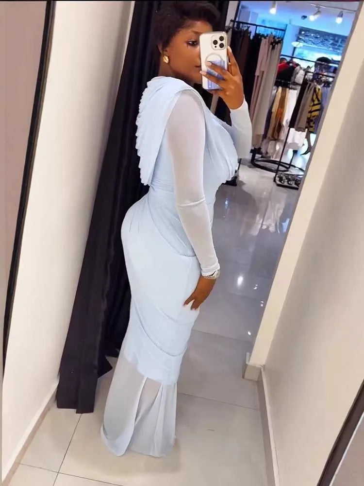 Chic and Elegant Women's Evening Dress Mesh Draped Collar Long Sleeve Bodycon Mid Dress Slim High Waisted Sexy Ladies Dress