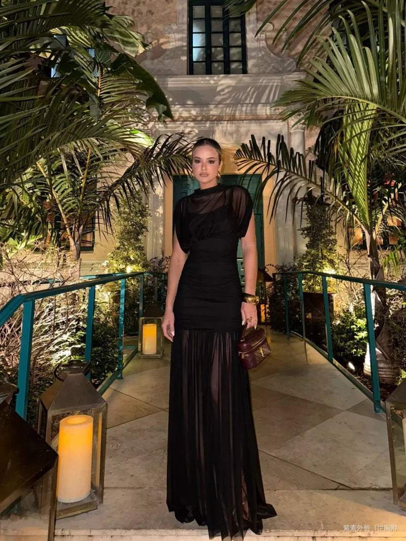 ETJ 2025 new women's party sexy see-through long dress fashion silk mesh stitching stand collar sleeveless dress