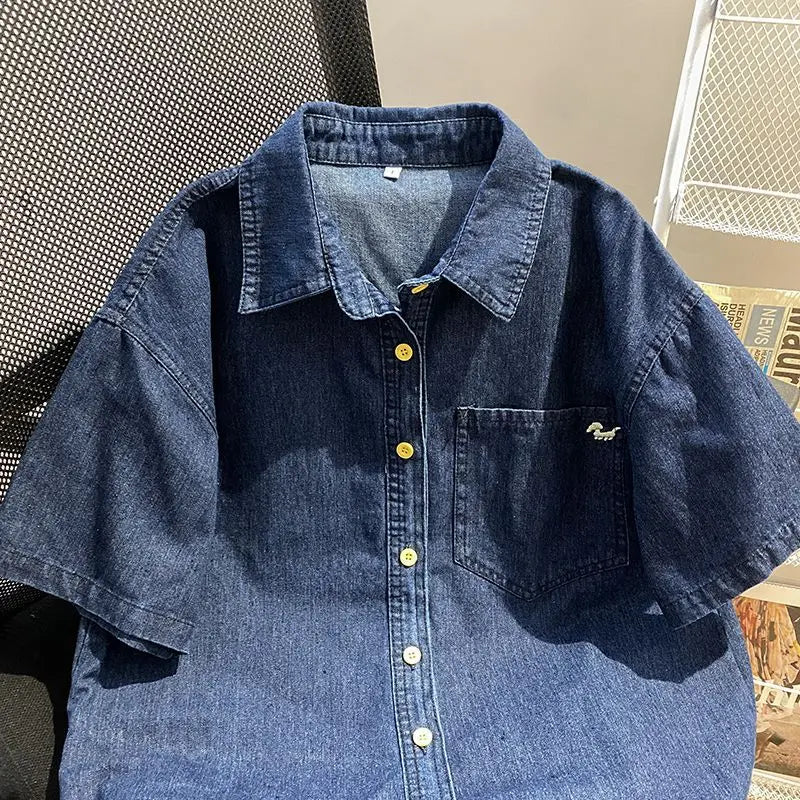 Denim Pant Set Women Two Piece Sets Turn Down Collar Shirt Tops Short Pants Lace Up Elastic Waist Y2k Streetwear Elegant Casual