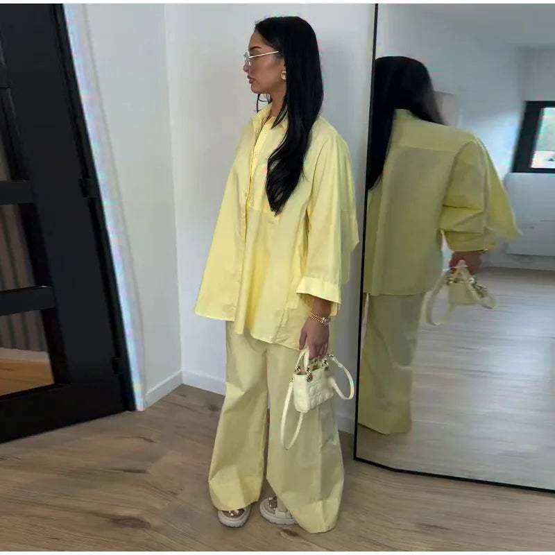 Lapel Short Sleeve Pocket Solid Color Shirt Pants Set Loose Fit Straight Leg Trouser 2026 Spring Casual Women Daily Outfit