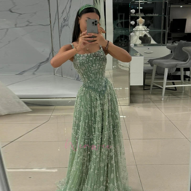 Customized Evening Dresses Woman Elegant Dress Luxury Wedding Guest Sleeveless Line A Beaded Lace Robe Soiree Ball Gowns