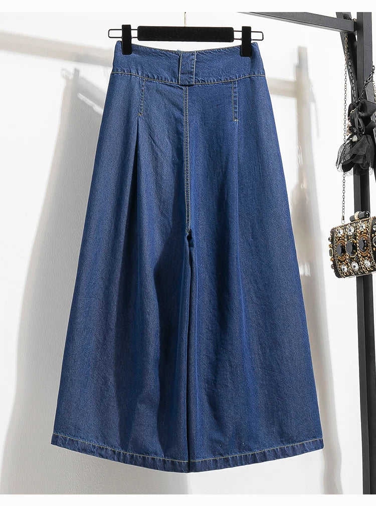 High Waist Calf-length Casual Jeans Women New 2024 Spring Simple Style Solid Color Loose Female Denim Wide Leg Pants B3322