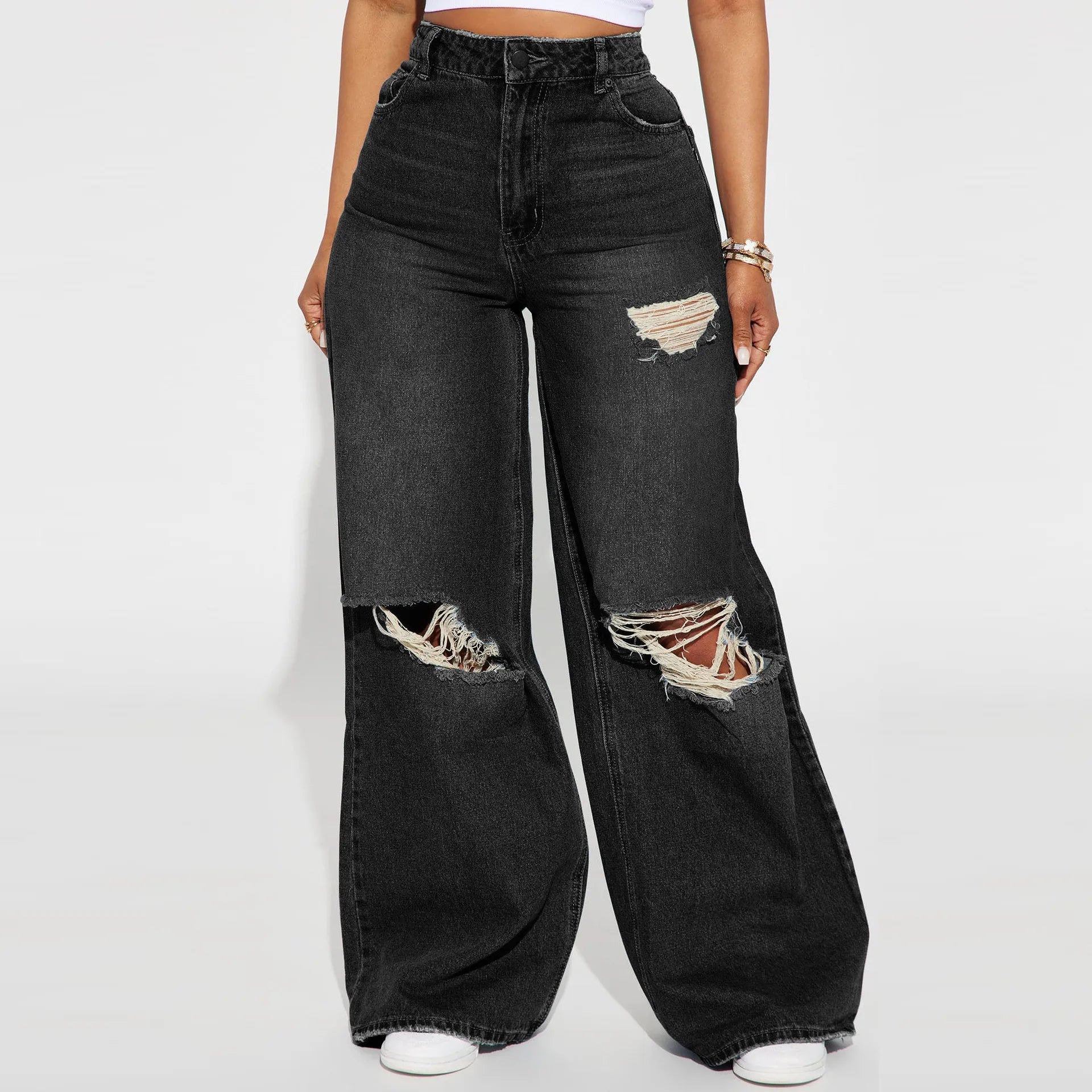 The New Fashion High-waisted Wide-leg Jeans for Autumn and Winter.Personality Washed Holes Loose Casual Floor-length Jeans Women