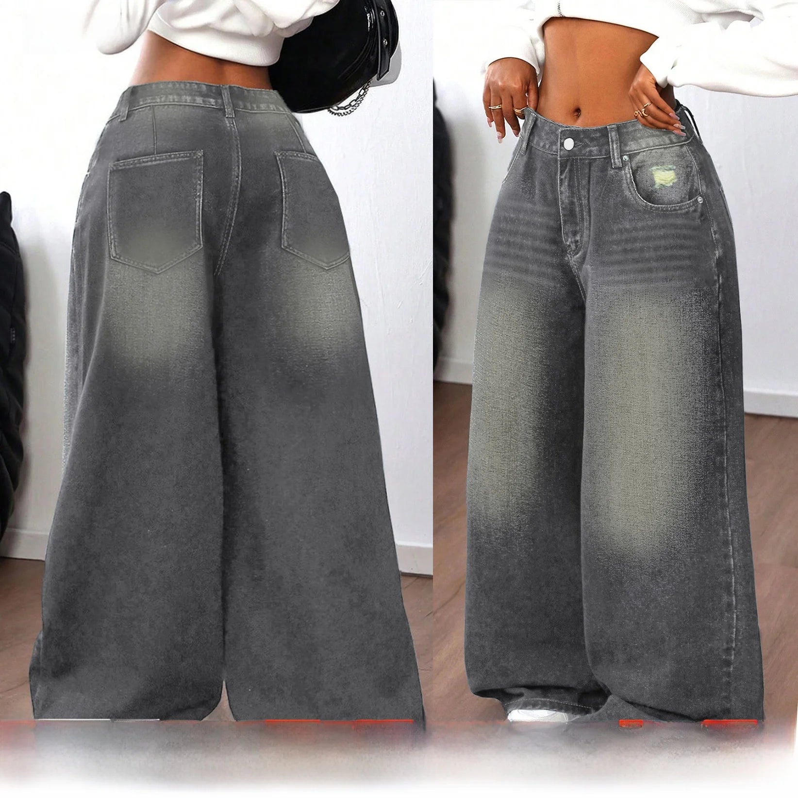 Grey Washed Loose Women's Long Floor-Length Wide Leg Jeans Casual Straight Cut Trousers Comfortable Cotton Denim Jeans