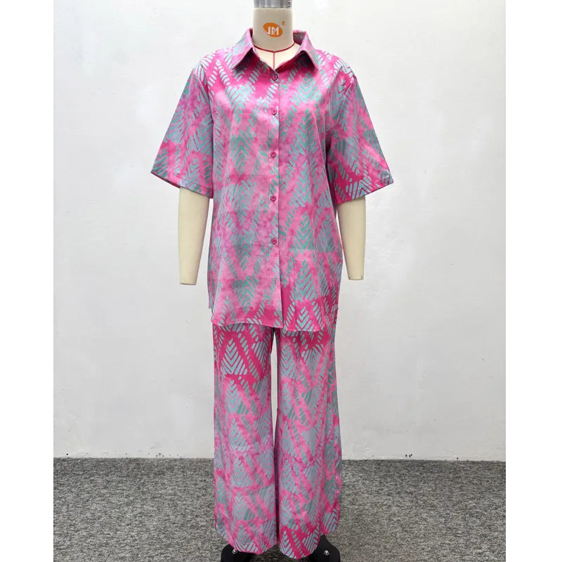 New African Fashion Women Two Piece Set Printed Short Sleeve Loose Shirt And Pants Set Female Casual Outfits