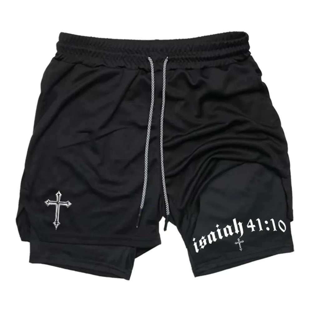 Latest Cross Bible Graphic 2-in-1 Athletic Shorts Men Fitness Christian Gym Workout Running with Cell Phone Pocket Towel Shorts