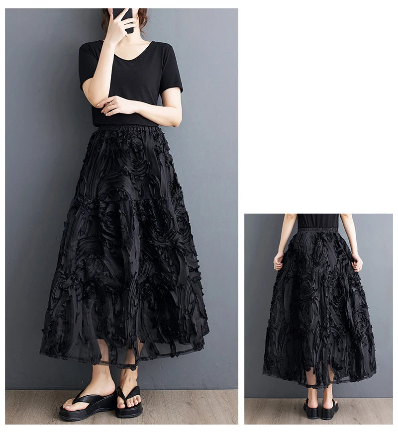 Black Skirt for Women Summer Fashin Heavyweight Chic Design Pleated A-line Easy Match Elastic Waist Dress Female Creative Skirt