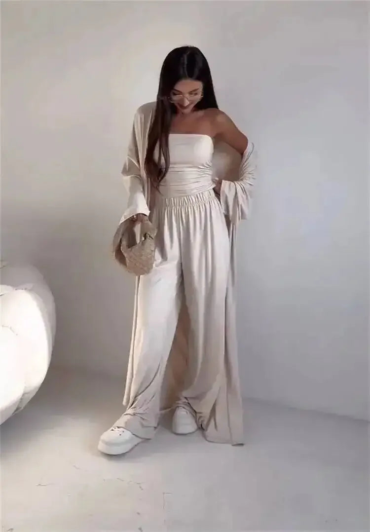 Summer Women's Clothing Casual 3Pcs Strapless Vest Long Cardigan Wide-Leg Pants Suit Lady Elegant Office Wear Outfits for Female