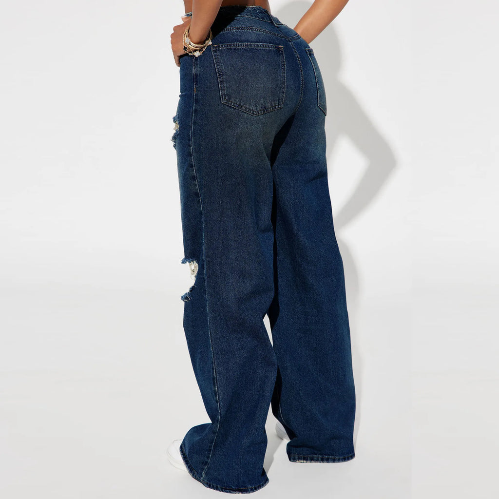 The New Fashion High-waisted Wide-leg Jeans for Autumn and Winter.Personality Washed Holes Loose Casual Floor-length Jeans Women