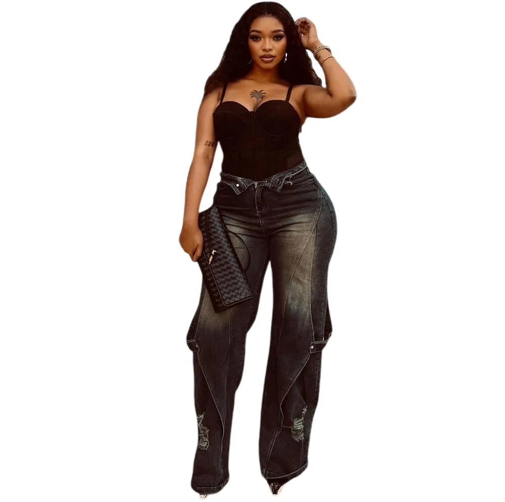 Denim Cargo Pant Women Jeans Vintage Wide Leg Long Pants High Waist Straight Trousers Hole Y2k Streetwear Elegant Casual 2026