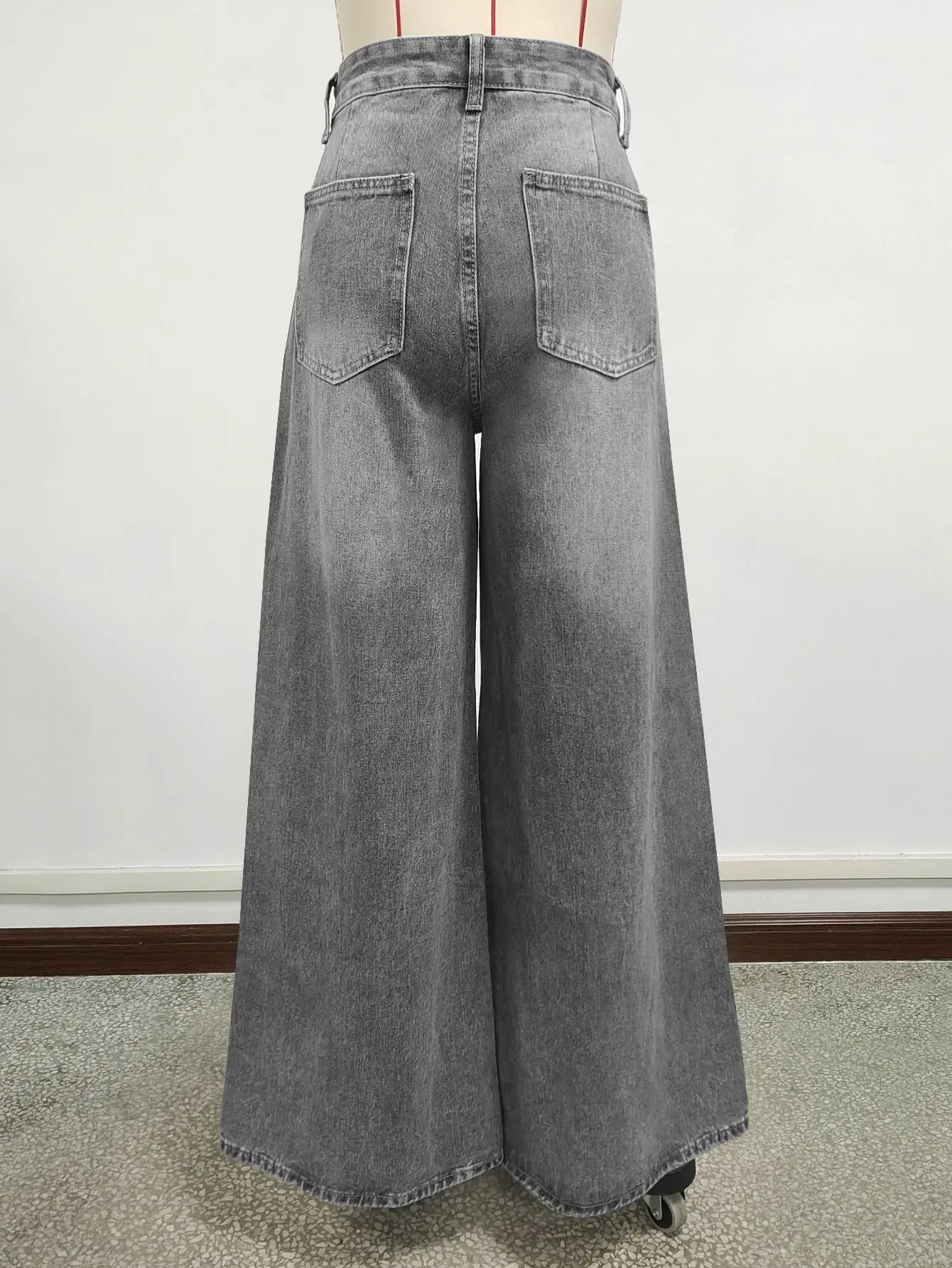 Grey Washed Loose Women's Long Floor-Length Wide Leg Jeans Casual Straight Cut Trousers Comfortable Cotton Denim Jeans