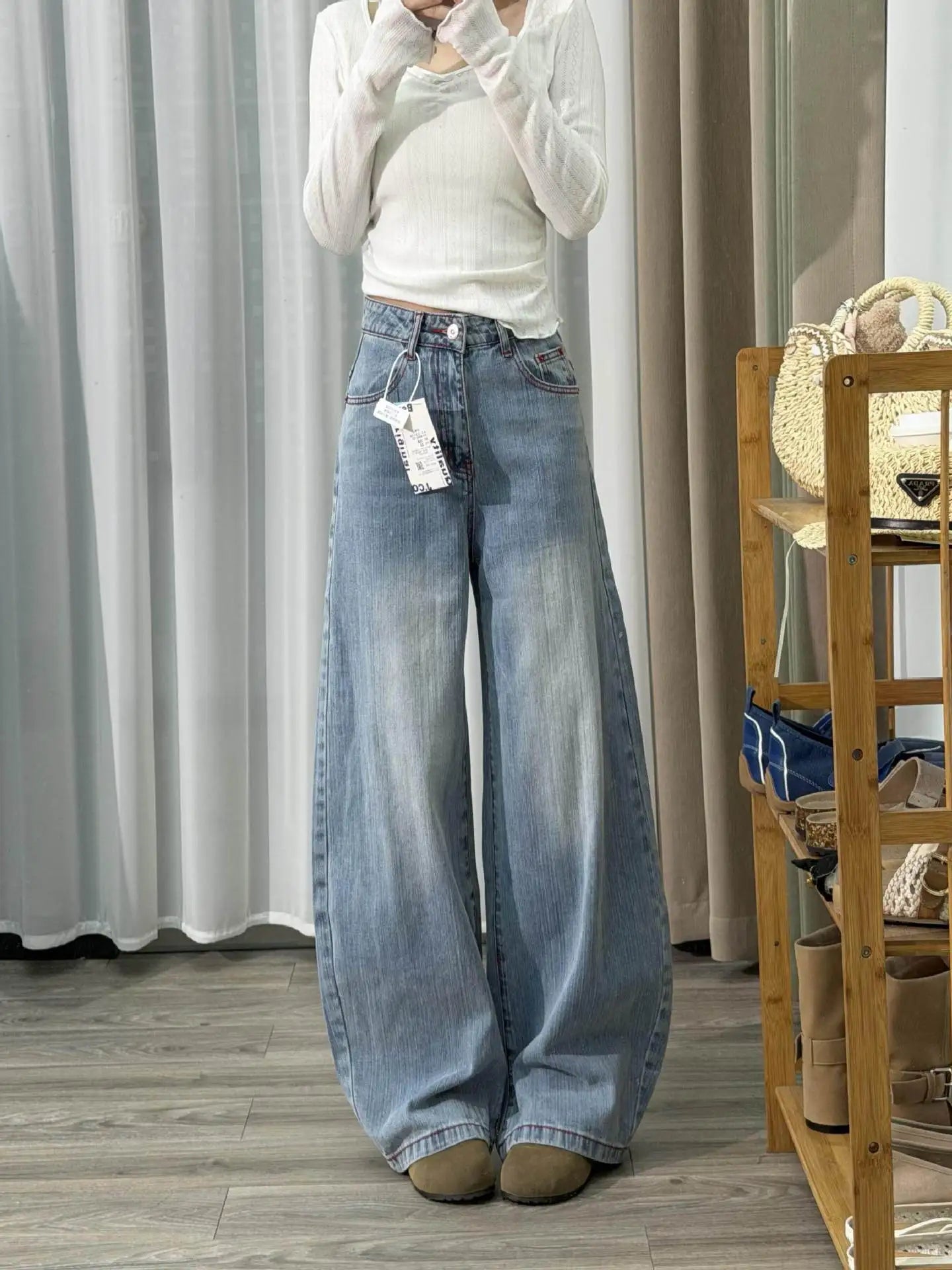 Women's Baggy Jeans Y2K Wide Leg Denim Pants Vintage Washed High Waisted Loose Trousers Red Stitching Streetwear 90s Aesthetic