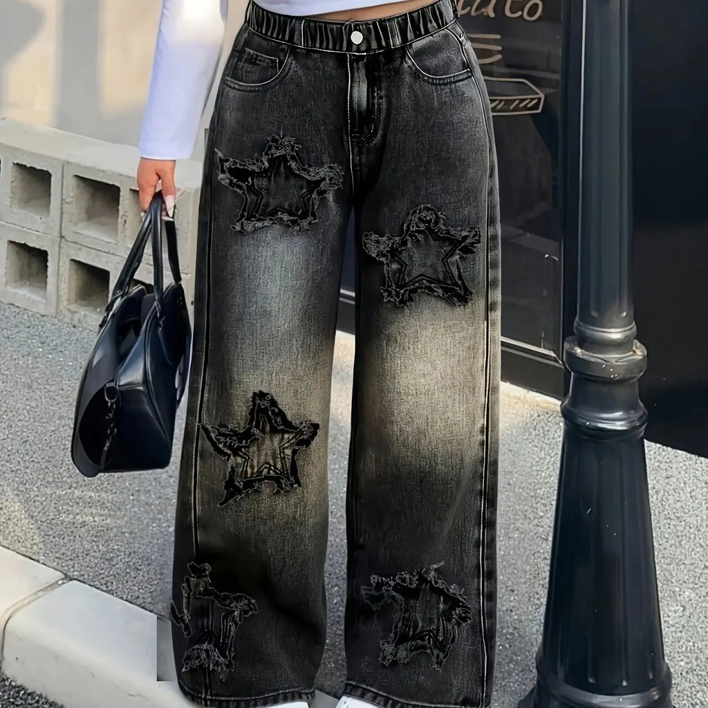 Girls Y2K Washed Fabric Five-Star Pattern Patchwork Denim Straight-Leg Pants Versatile Trendy All-Seasons.Full elastic waistband