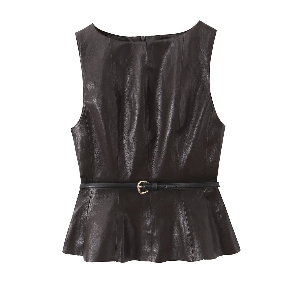HH Women Elegant Fashion Faux Leather Vest Skirts Suits O Neck Belt Tops Slit Midi Skirt Casual Office Lady Chic 2 Piece Set