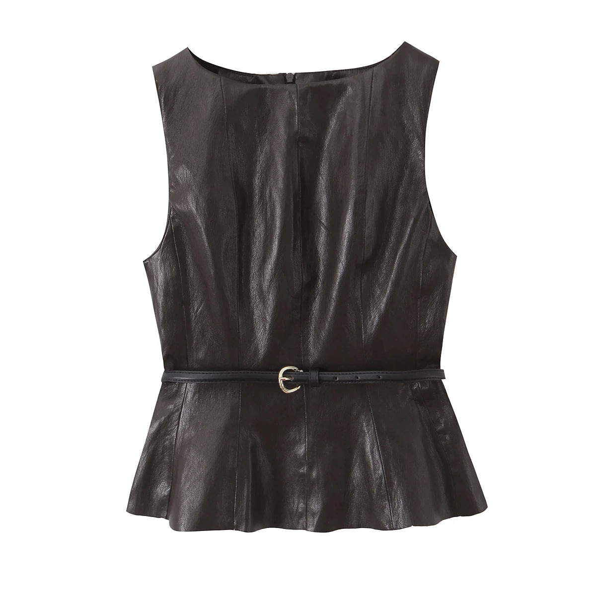 HH Women Elegant Fashion Faux Leather Vest Skirts Suits O Neck Belt Tops Slit Midi Skirt Casual Office Lady Chic 2 Piece Set