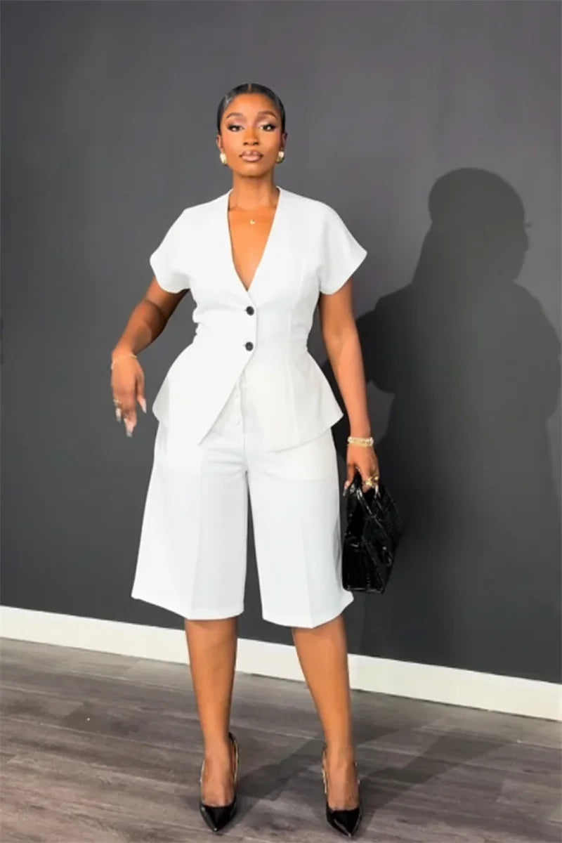 Doyerl Elegant Fashion Two Piece Set Woman Work Wear Office Lady Short Sleeve V-neck Top and Knee Length Shorts Matching Sets