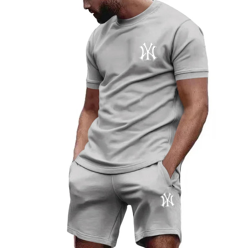 New hot selling 2026 men's two-piece sportswear short sleeved T-shirt and pants set running fitness summer