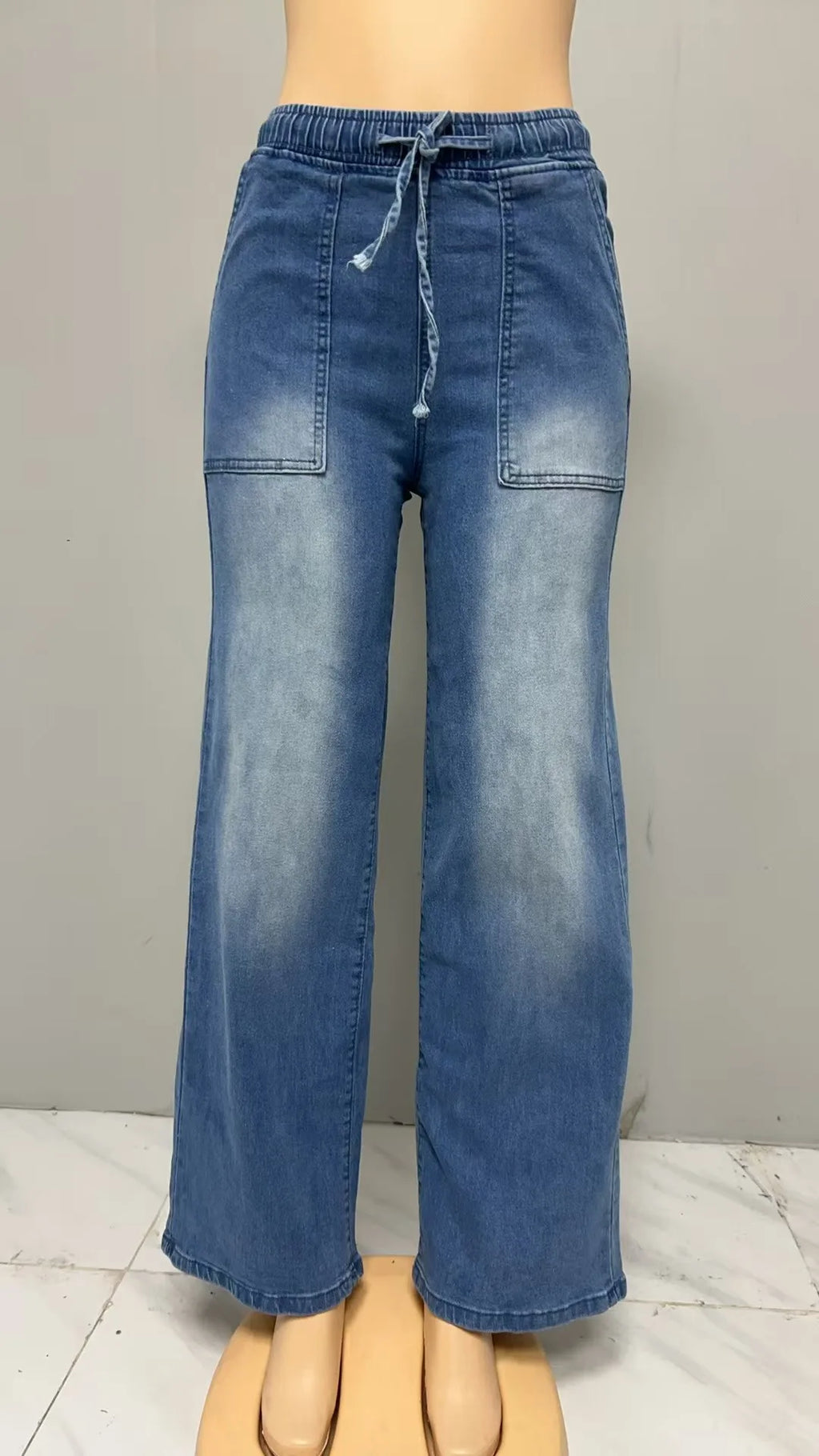 Women Jeans Wide Leg Pants Streetwear Denims Drawstring High Waist Washed Distressed Pockets Female Vintage Straight Trousers