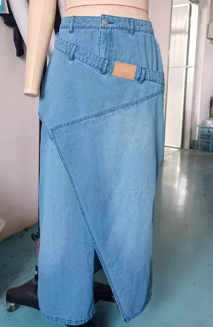Skirt for Women 2026 Spring Autumn New Solid Color High Waisted Irregular Slit Streetwear Casual Denim A-Line Long Skirt