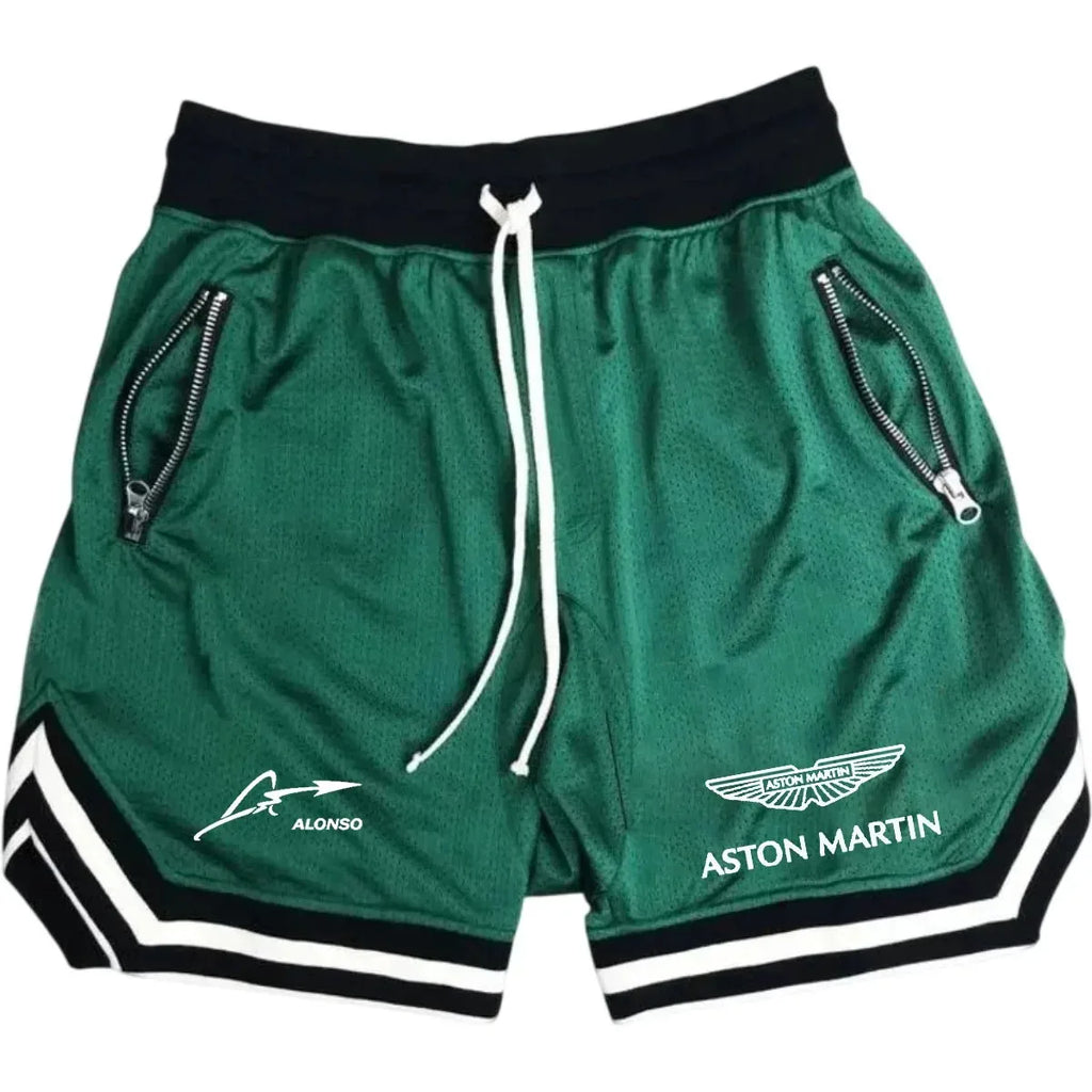 Men's Aston Martin Alonso Printed Mesh Basketball Shorts Breathable Elastic Waist Drawstring Sport Shorts with Zipper Pockets fo