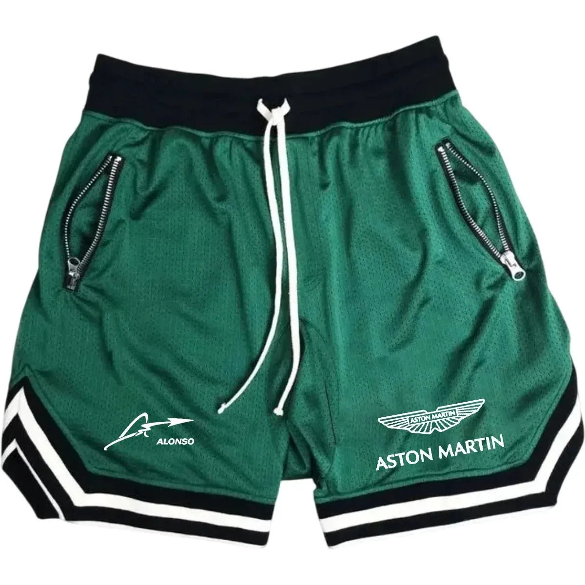 Men's Aston Martin Alonso Printed Mesh Basketball Shorts Breathable Elastic Waist Drawstring Sport Shorts with Zipper Pockets fo