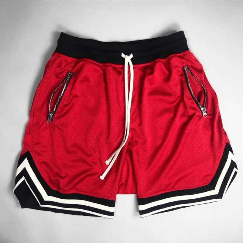 Men's zippered pocket drawstring shorts, sportswear, breathable, quick drying, comfortable, loose fitting color matching shorts,