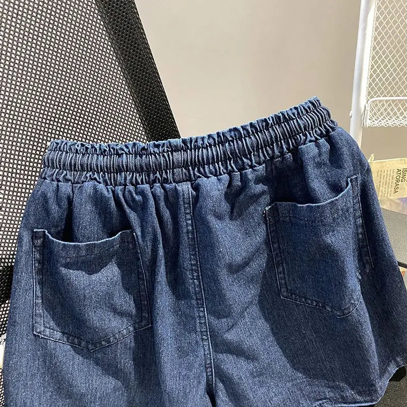 Denim Pant Set Women Two Piece Sets Turn Down Collar Shirt Tops Short Pants Lace Up Elastic Waist Y2k Streetwear Elegant Casual