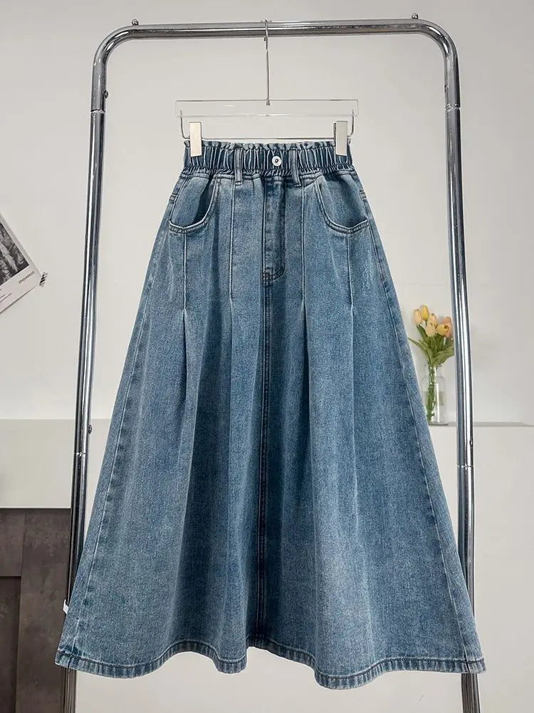New Denim Long Skirt High Waist Loose Solid Leisure A- Line Umbrella Skirt Spring Autumn Fashion Women's Half Body Skirt