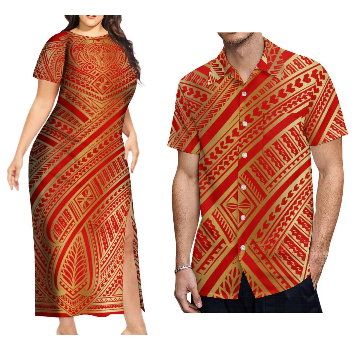 Support Custom Samoan National Dress Women'S Crew-Neck Maxi Dress Fashion Slit Dress With Men'S Short-Sleeved Shirt 9xl