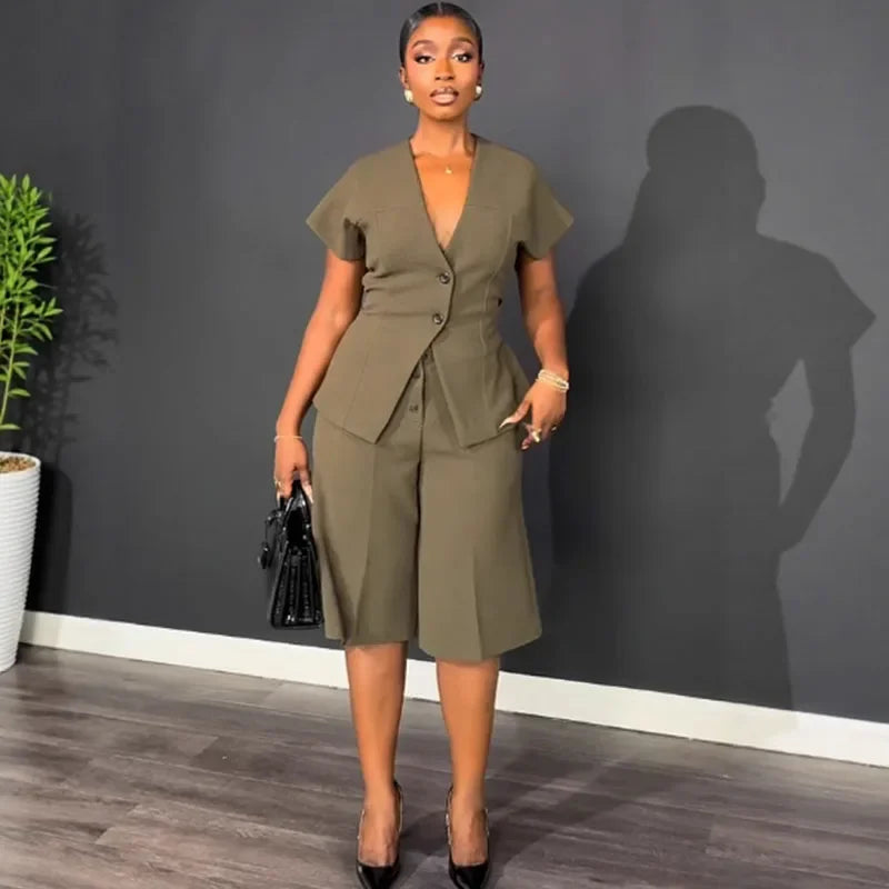 Doyerl Elegant Fashion Two Piece Set Woman Work Wear Office Lady Short Sleeve V-neck Top and Knee Length Shorts Matching Sets