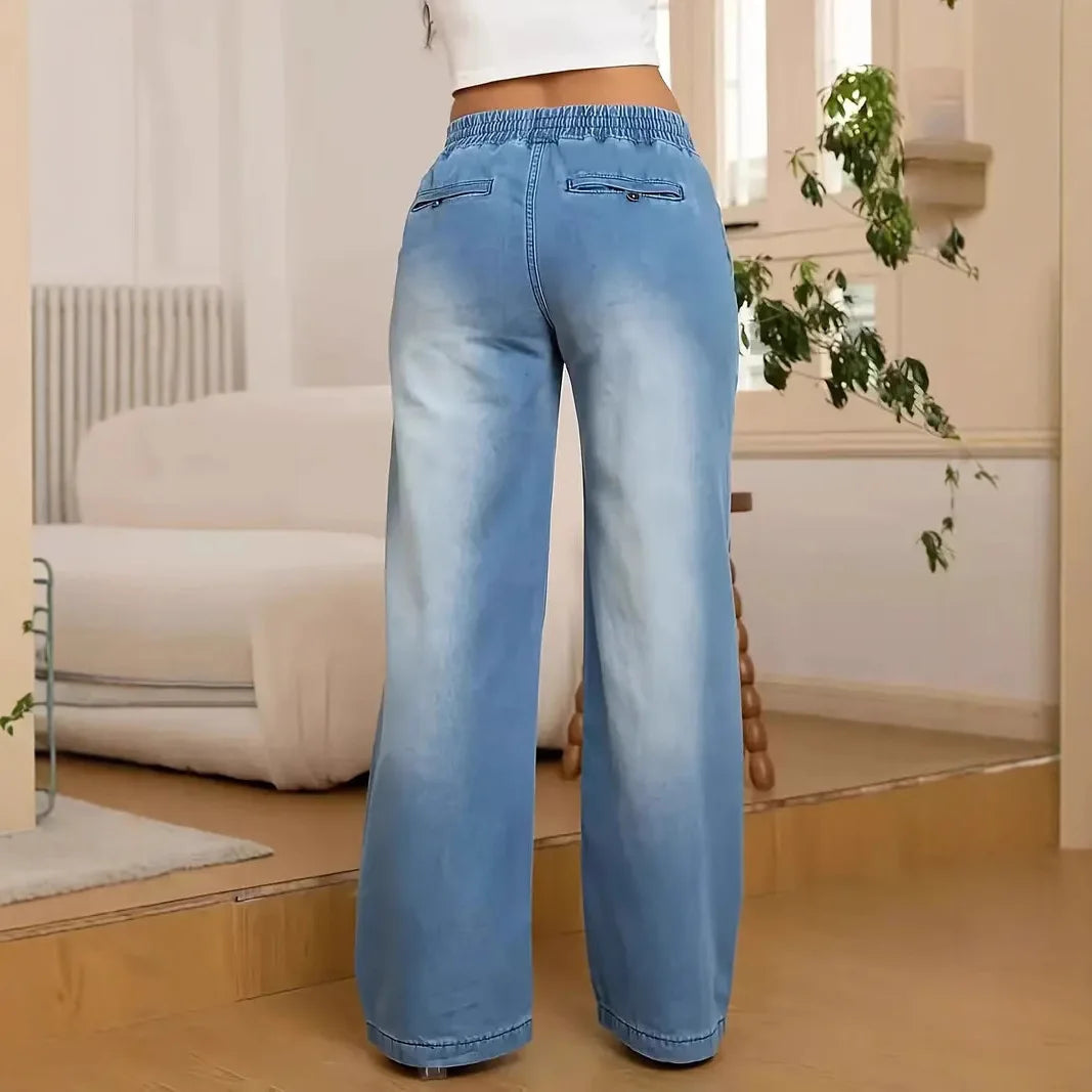 Women Jeans Wide Leg Pants Streetwear Denims Drawstring High Waist Washed Distressed Pockets Female Vintage Straight Trousers