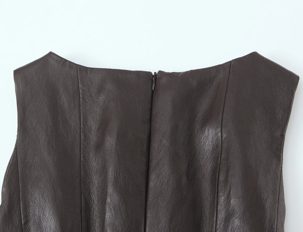HH Women Elegant Fashion Faux Leather Vest Skirts Suits O Neck Belt Tops Slit Midi Skirt Casual Office Lady Chic 2 Piece Set