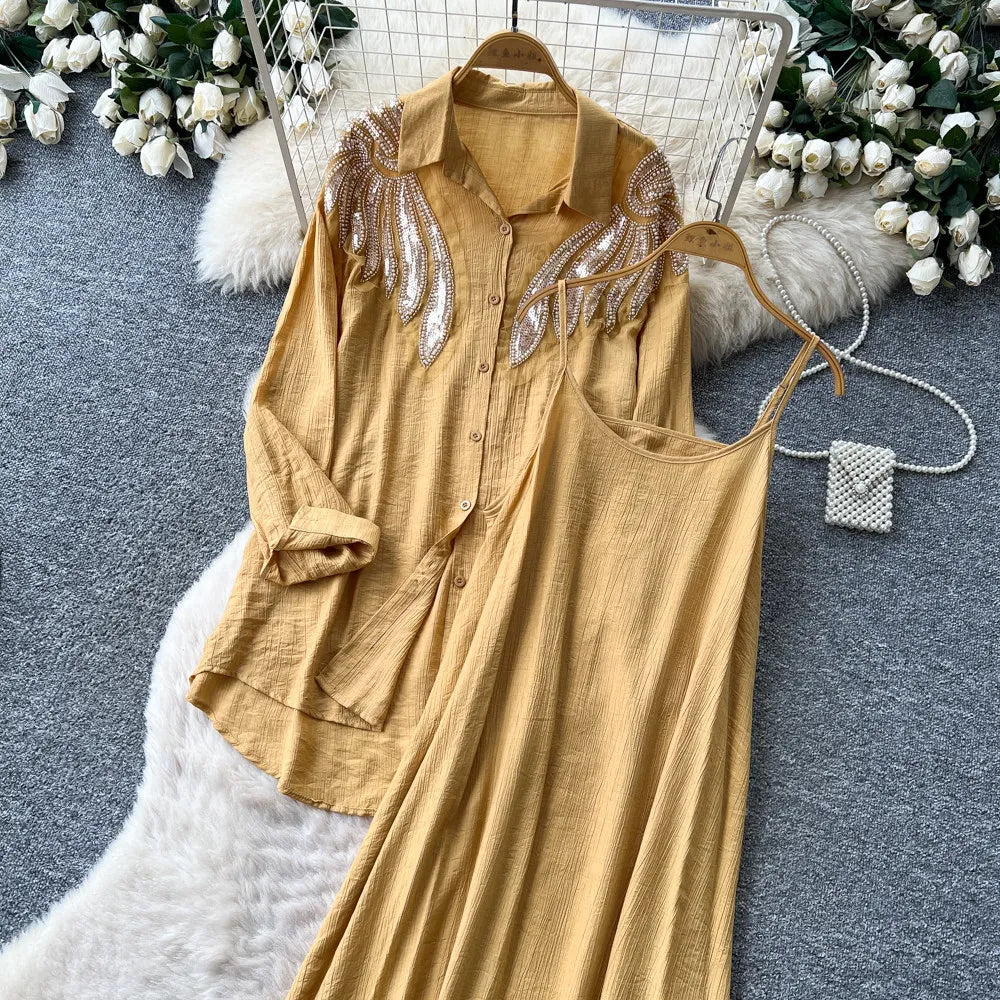 Women Two Piece Sets Dress Set Full Sleeve Shirt Casual Loose Long Dresses Sling A Line Y2k Streetwear Elegant Work Summer 2026