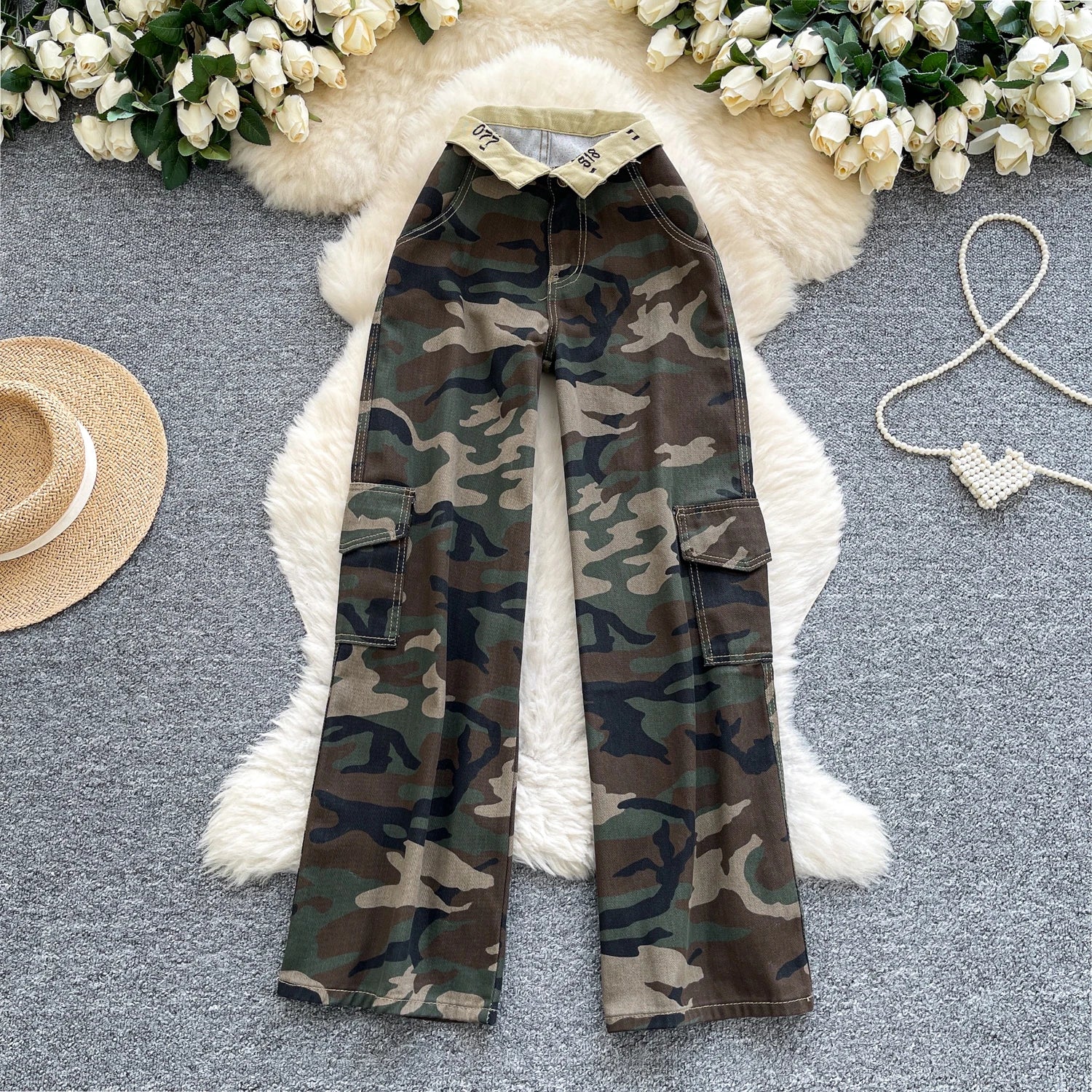 SINGREINY Camouflage Printed Wide Leg Pants women 2025 Autumn Workwear Style Casual Britches Straight Leg Denim Vintage Trousers