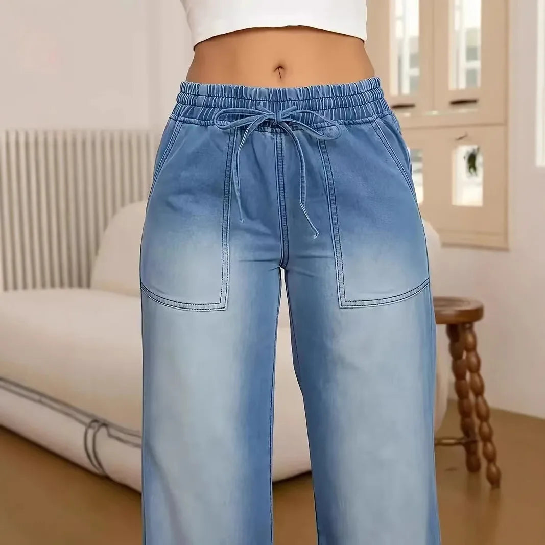 Women Jeans Wide Leg Pants Streetwear Denims Drawstring High Waist Washed Distressed Pockets Female Vintage Straight Trousers