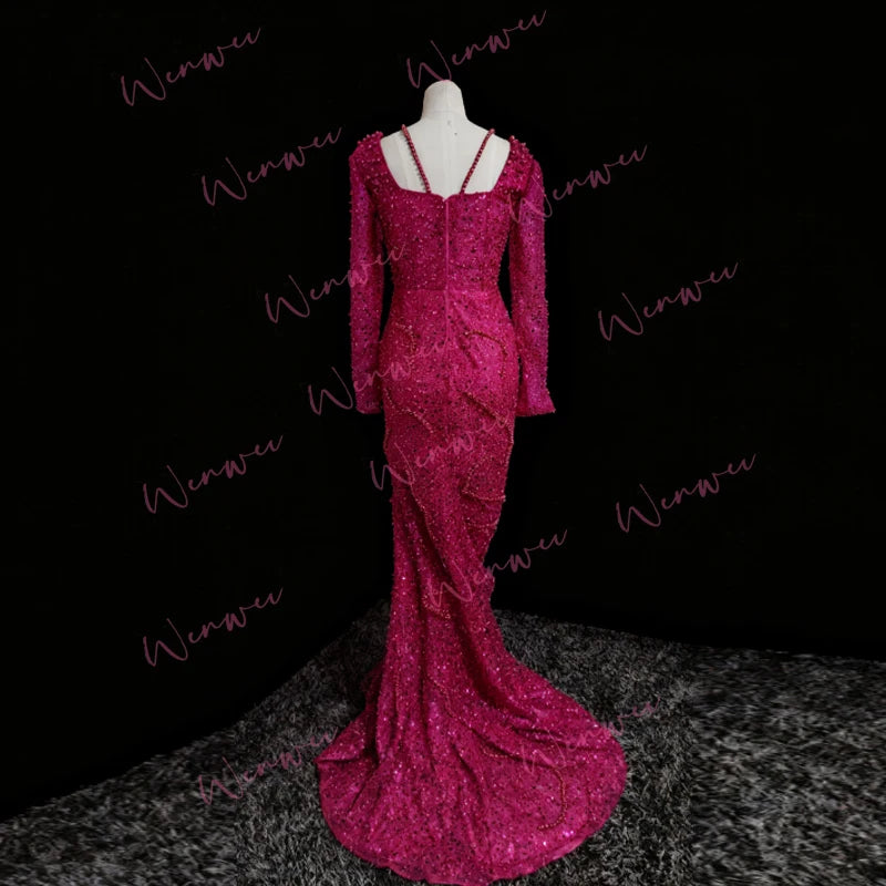 Customized Lace Sparkling Reception Gowns Prom Dresses Black Women Birthday Evening Dresses Elegant Long Sleeves Beaded