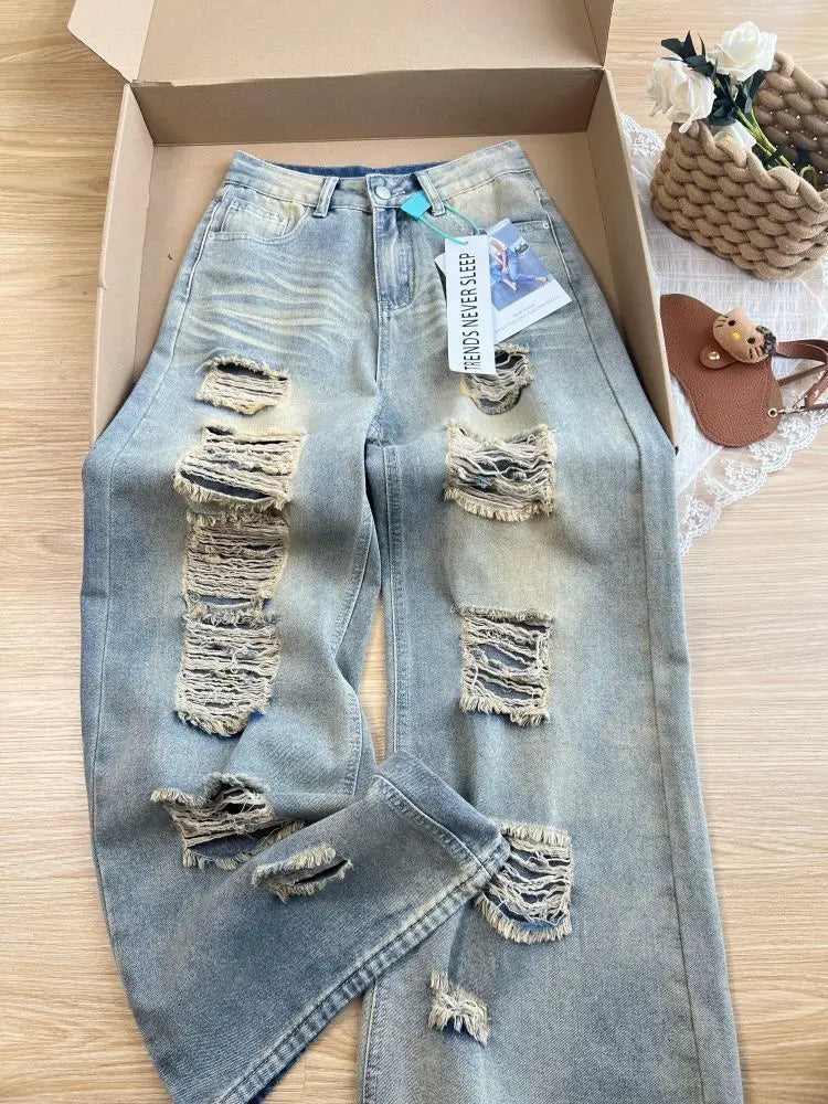 2025 Autumn New Retro Old Ripped Jeans Wide-leg Jeans Women Loose Pants Trousers Baggy Jeans