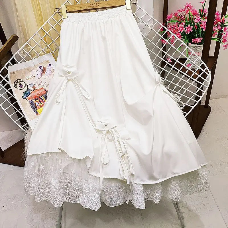 Japanese Style Women's Dull Black Long Dress High-Waisted Bow Spliced Lace A- Line Mid-Length Skirt Female Fashion