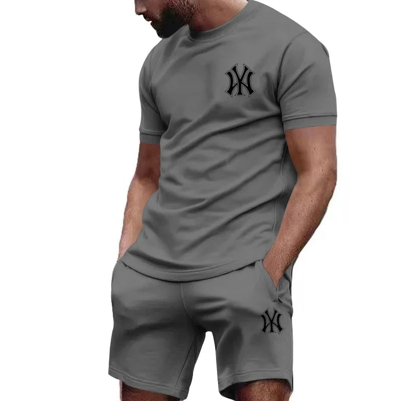 New hot selling 2026 men's two-piece sportswear short sleeved T-shirt and pants set running fitness summer