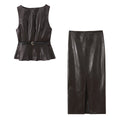 HH Women Elegant Fashion Faux Leather Vest Skirts Suits O Neck Belt Tops Slit Midi Skirt Casual Office Lady Chic 2 Piece Set