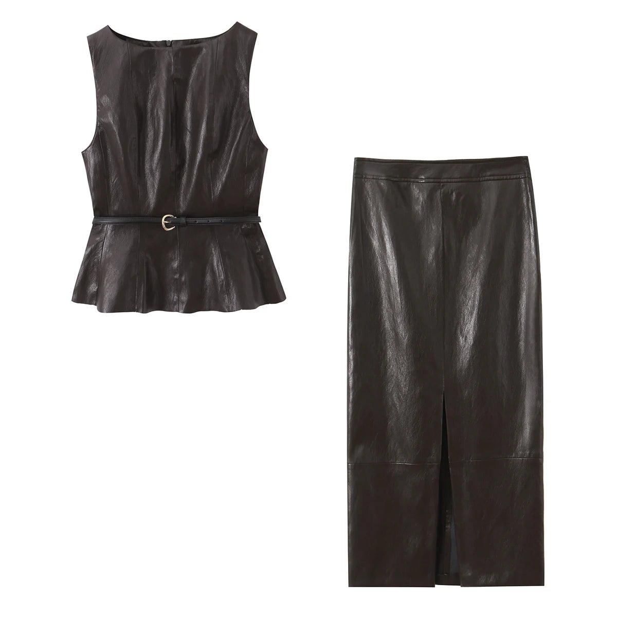 HH Women Elegant Fashion Faux Leather Vest Skirts Suits O Neck Belt Tops Slit Midi Skirt Casual Office Lady Chic 2 Piece Set