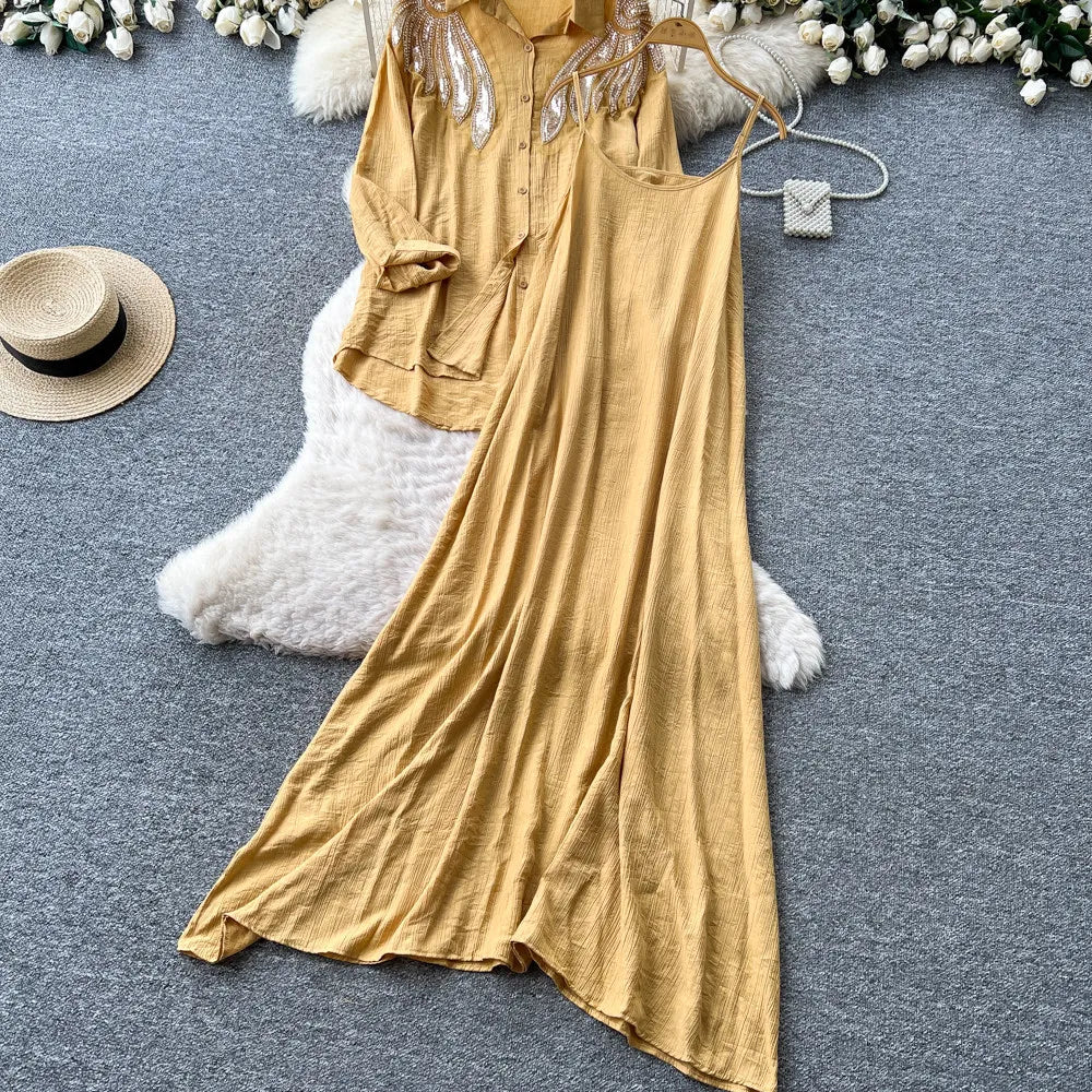 Women Two Piece Sets Dress Set Full Sleeve Shirt Casual Loose Long Dresses Sling A Line Y2k Streetwear Elegant Work Summer 2026