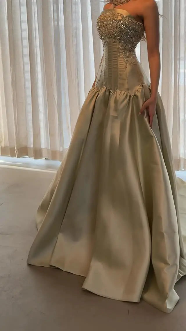 Sansa Customized 2026 Elegant Champagne Gold Strapless Prom Dresses Beaded Corset Satin Ball Gown Formal Evening Gowns Vestidos